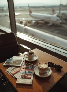 Coffee and travel journal beside airport window before departure from India