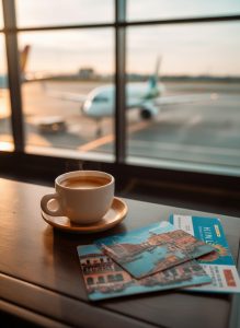 Espresso and boarding pass on an airport café table overlooking the aircraft before departing Italy for home.