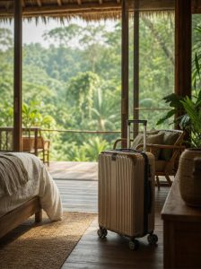 Comfortable rainforest lodge room overlooking the Peruvian Amazon with luggage ready for departure.