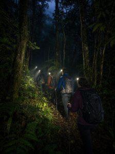 Travellers exploring the Peruvian Amazon rainforest at night with headlamps on a guided jungle walk.