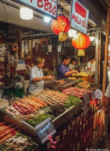 Thai street food skewers at a Chiang Mai night market