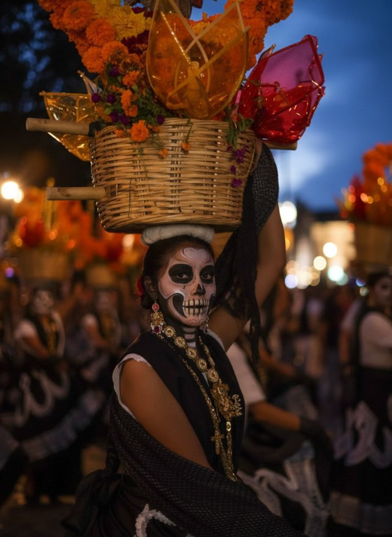 day-of-the-dead-catrina-procession-oaxaca Woman dressed as La Catrina carrying a decorated basket during a Day of the Dead procession in Oaxaca.