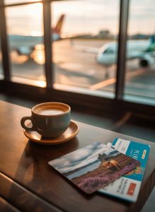 Coffee, boarding pass and a Scotland postcard overlooking aircraft at the departure gate.