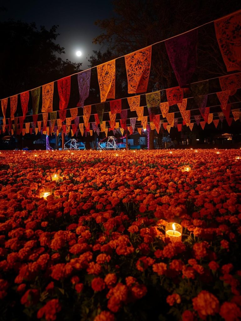 Marigold flowers glowing by candlelight during Día de los Muertos in Oaxaca Mexico