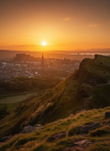 Sunrise over Edinburgh viewed from Arthur's Seat with Edinburgh Castle on the skyline.