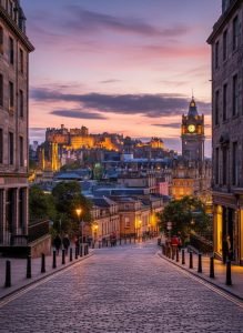 Edinburgh Castle illuminated at dusk above the historic city center.