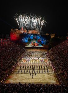 The Royal Edinburgh Military Tattoo performed on the esplanade of Edinburgh Castle.