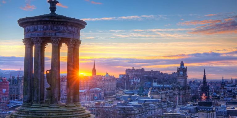 edinburgh-skyline-calton-hill-sunset Sunset view of Edinburgh skyline from Calton Hill with Edinburgh Castle