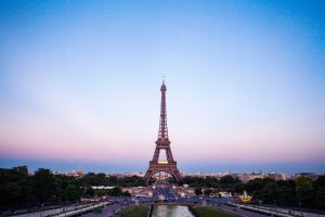 Eiffel Tower viewed from the Trocadéro Gardens in Paris at dusk