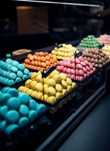 Colourful French macarons displayed in a Paris patisserie