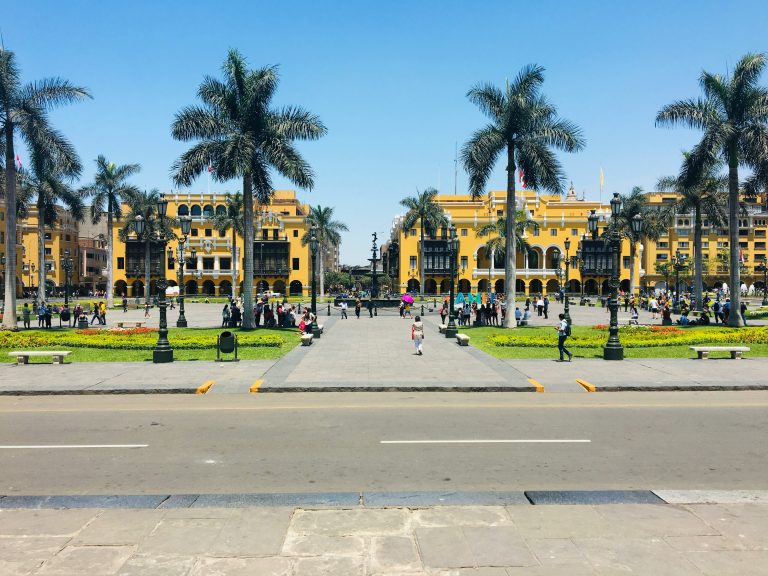 Government Palace overlooking Plaza Mayor in the historic center of Lima, Peru.