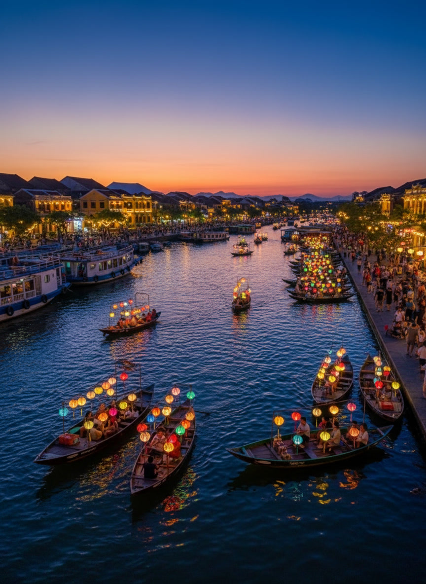 Lantern boats floating on river in Hội An Vietnam