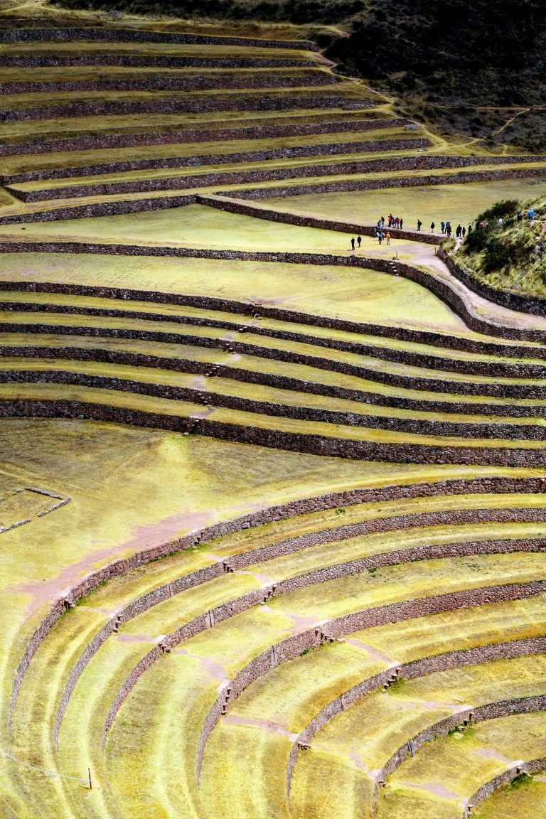 Ancient Inca agricultural terraces in Peru's Sacred Valley.