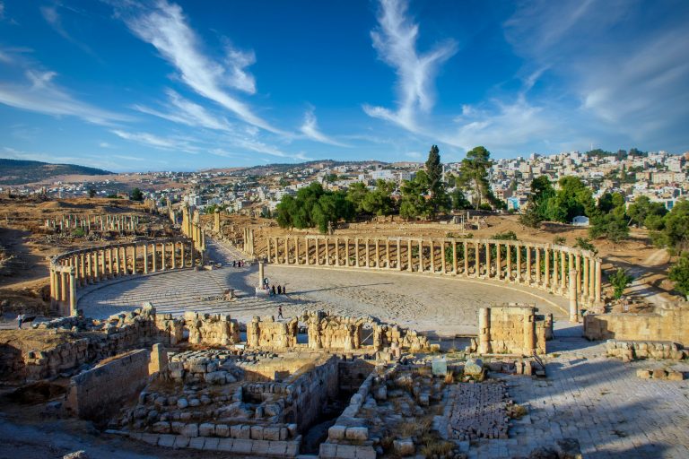 Ancient Roman ruins and colonnades at Jerash, one of the world's best preserved Roman cities.