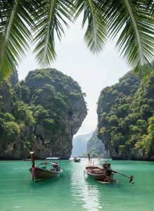 Longtail boats among the limestone islands near Koh Yao Noi