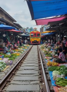 Train passing through the bustling Mae Klong Railway Market with vendors selling fresh produce along the railway tracks.