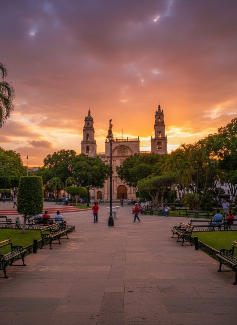 merida-cathedral-sunset-plaza-grande Mérida Cathedral glowing at sunset overlooking Plaza Grande in the historic centre of Mérida.