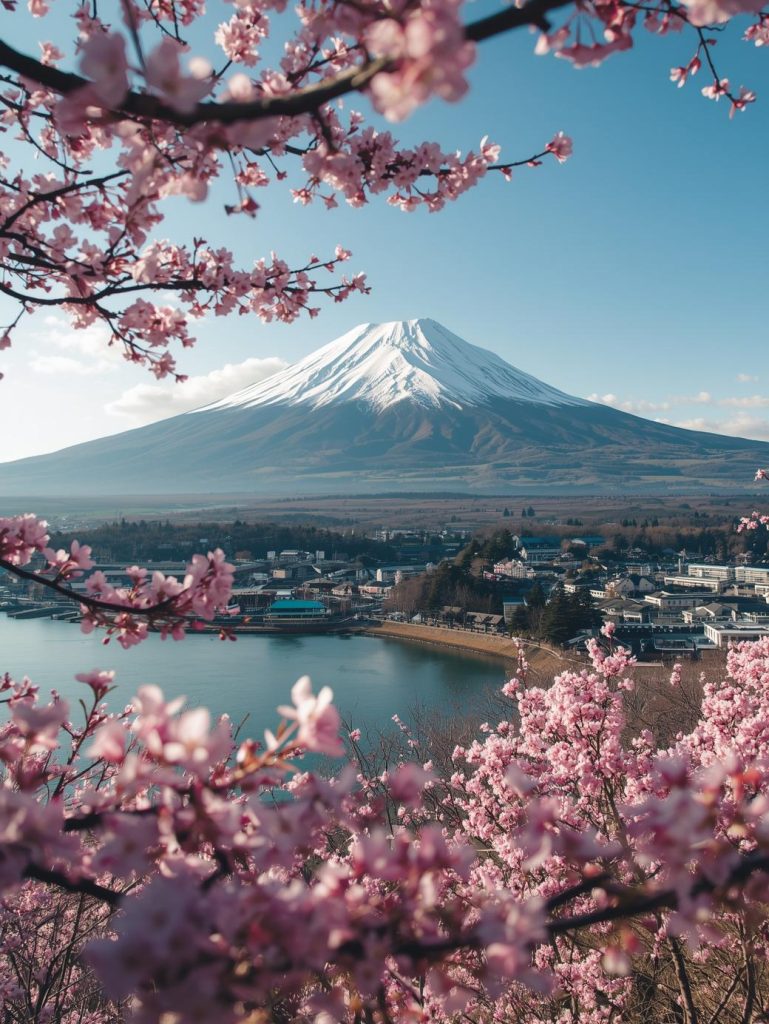 Mount Fuji framed by cherry blossoms overlooking Lake Kawaguchiko in Japan