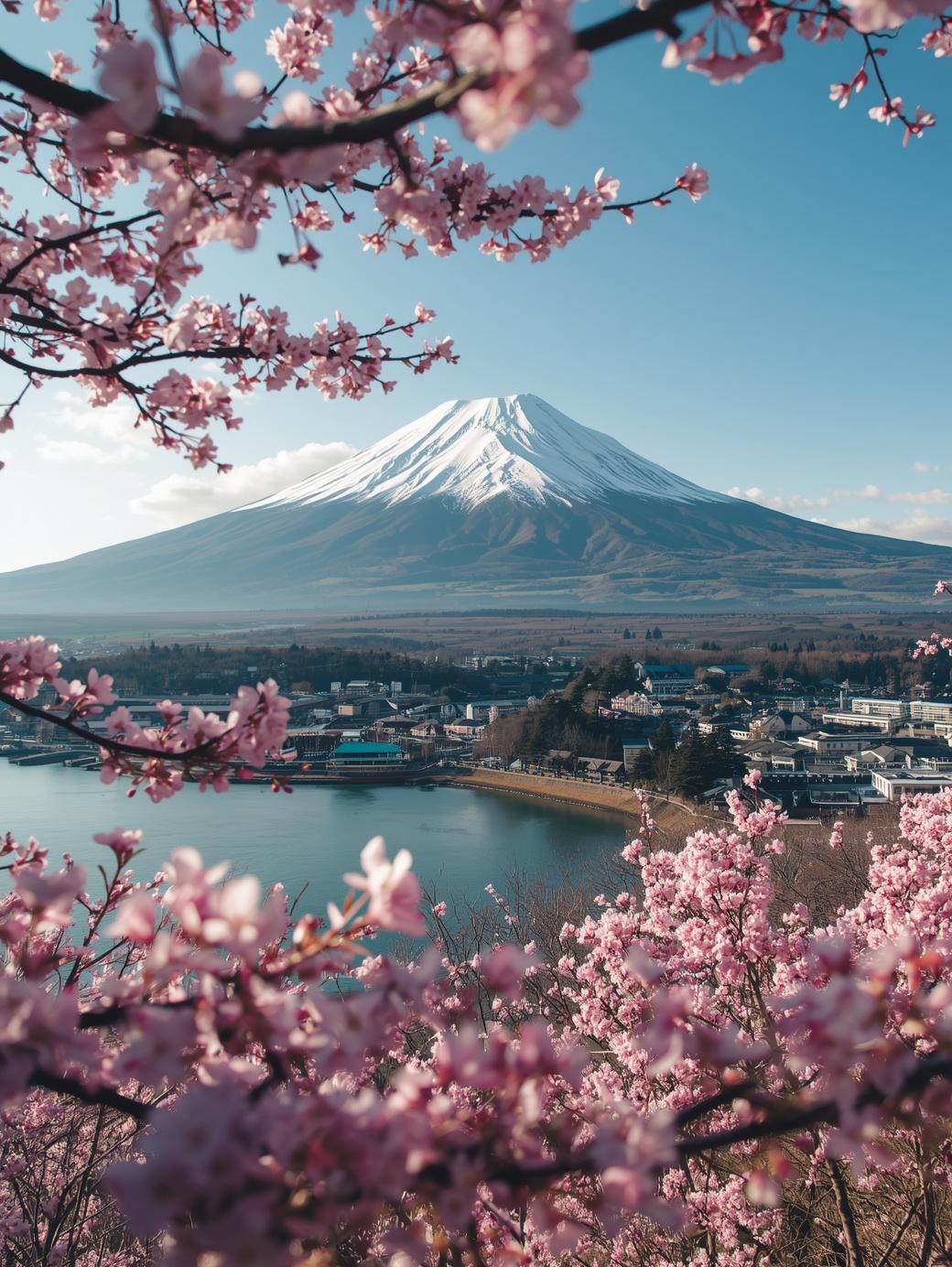 Mount Fuji framed by cherry blossoms overlooking Lake Kawaguchiko in Japan