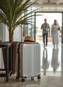 Suitcase with a sunhat in the lobby of Mövenpick Resort Aqaba before departure from Jordan.