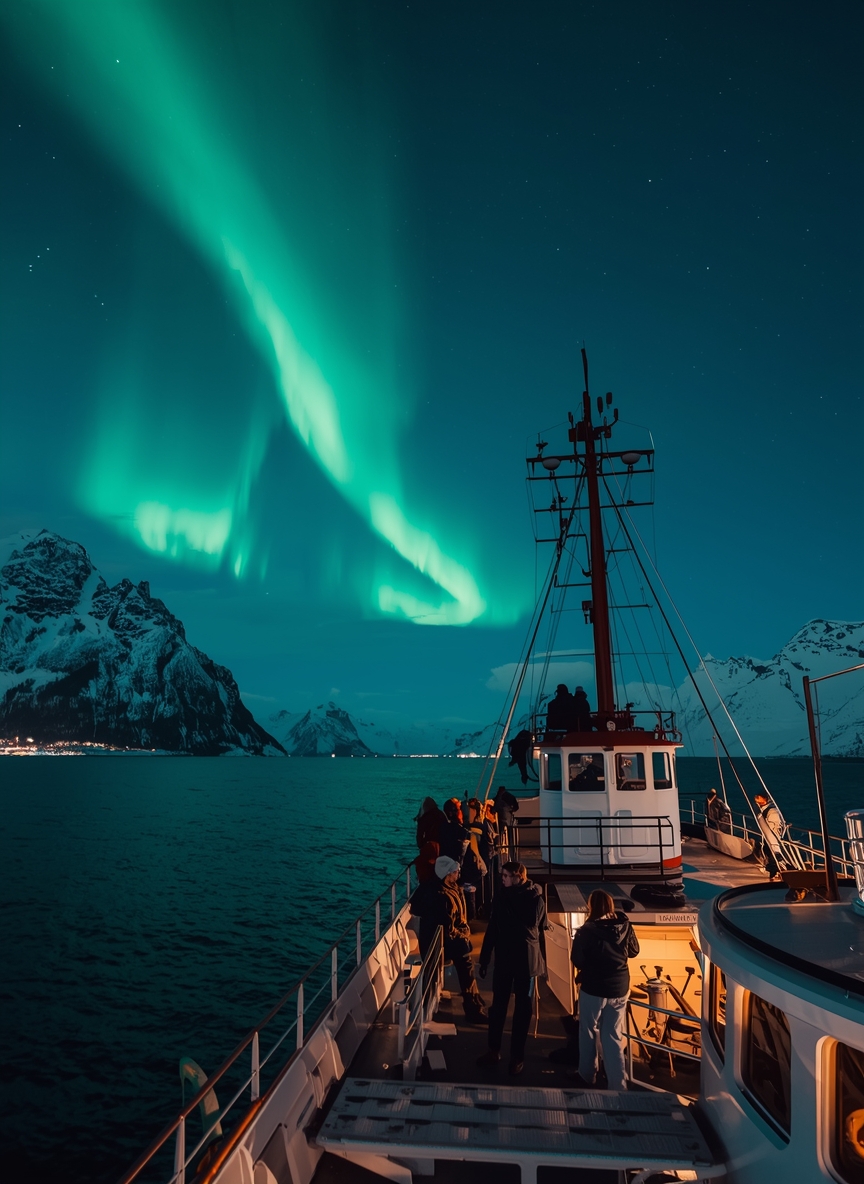 Northern Lights above Arctic cruise boat in Tromsø Norway