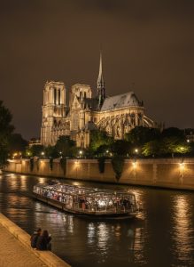 Evening Seine River cruise passing Notre Dame Cathedral in Paris