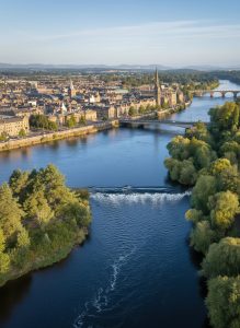 Aerial view of Perth on the River Tay in Scotland.