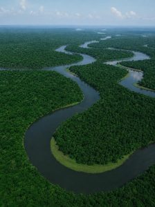 Aerial view of winding rivers flowing through the dense Peruvian Amazon rainforest.