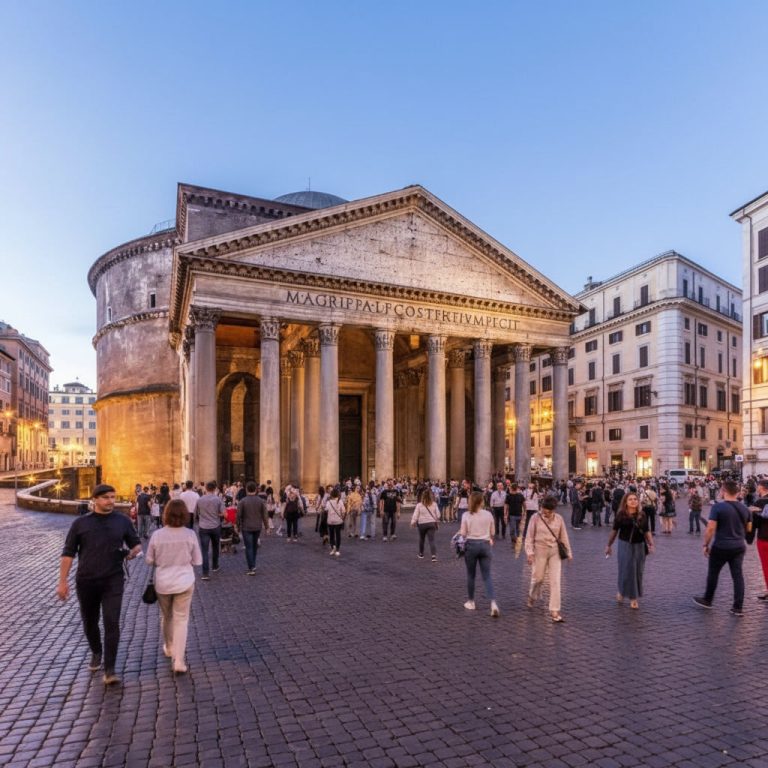 rome-pantheon-at-dusk Visitors gathering outside the Pantheon in Rome at dusk as the historic square comes alive for the evening.