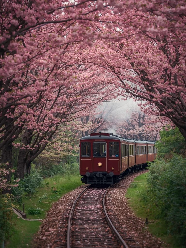 Sagano Romantic Train travelling beneath cherry blossom trees in Japan