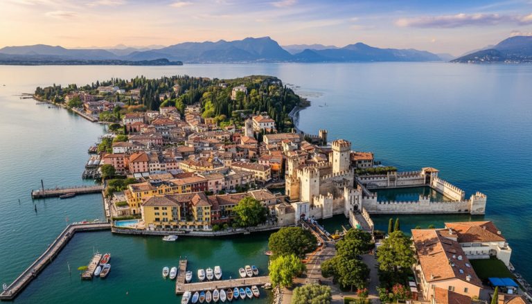 sirmione-castle-lake-garda-aerial Aerial view of Sirmione and Scaliger Castle on Lake Garda.