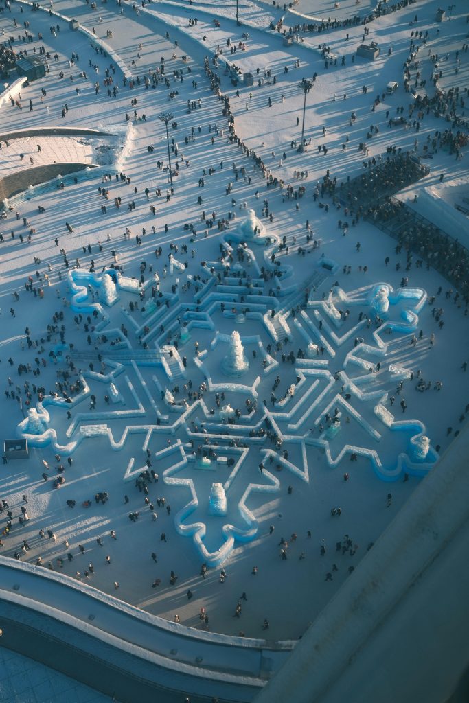 Snowflake shaped ice sculpture at Harbin Ice Festival in China