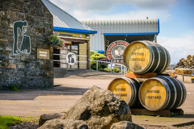 speyside-cooperage-whisky-barrels Entrance to the Speyside Cooperage with traditional whisky barrels