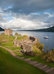Ruins of Urquhart Castle overlooking Loch Ness in the Scottish Highlands.