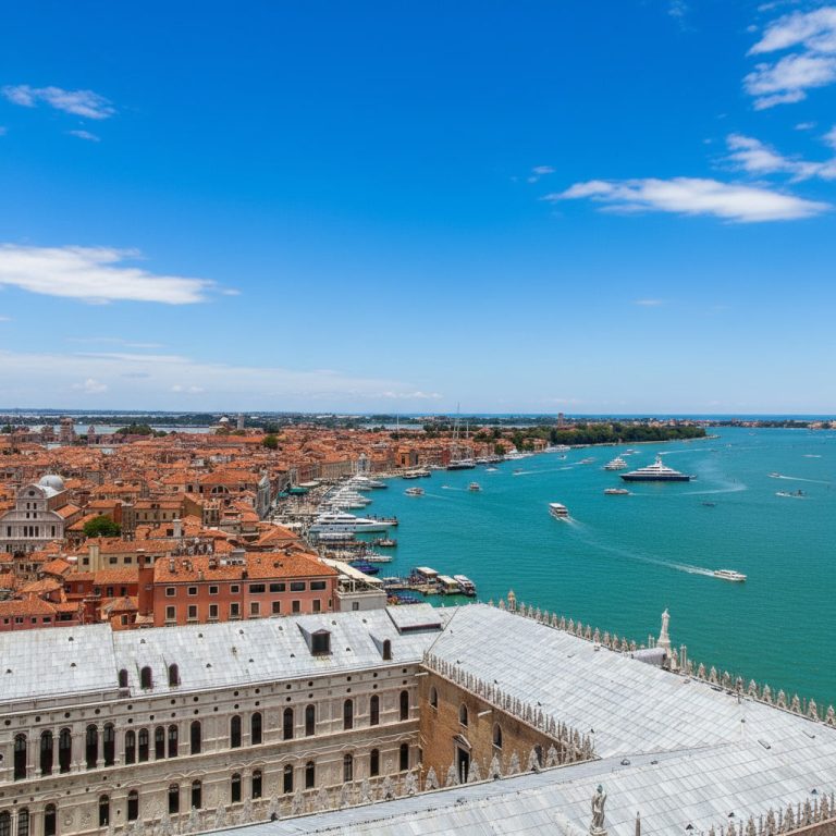 venice-city-view-lagoon Panoramic view across Venice's rooftops and lagoon from above.