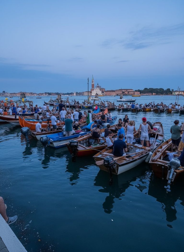 venice-redentore-boats-lagoon Decorated boats gathering on the Venetian Lagoon before the Festa del Redentore fireworks.