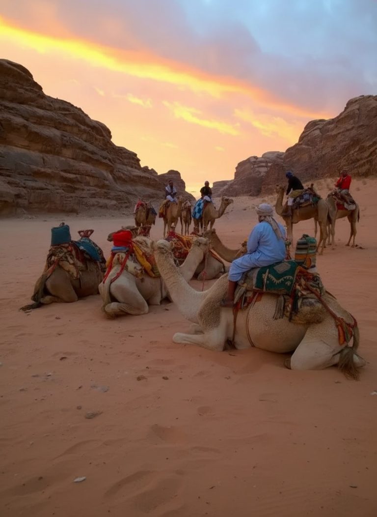 wadi-rum-sunset-camel-ride-jordan Bedouin guides and camels resting in Wadi Rum at sunset beneath colourful desert skies in Jordan.