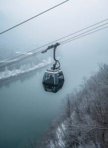 Cable car above snowy winter landscapes in Yabuli China